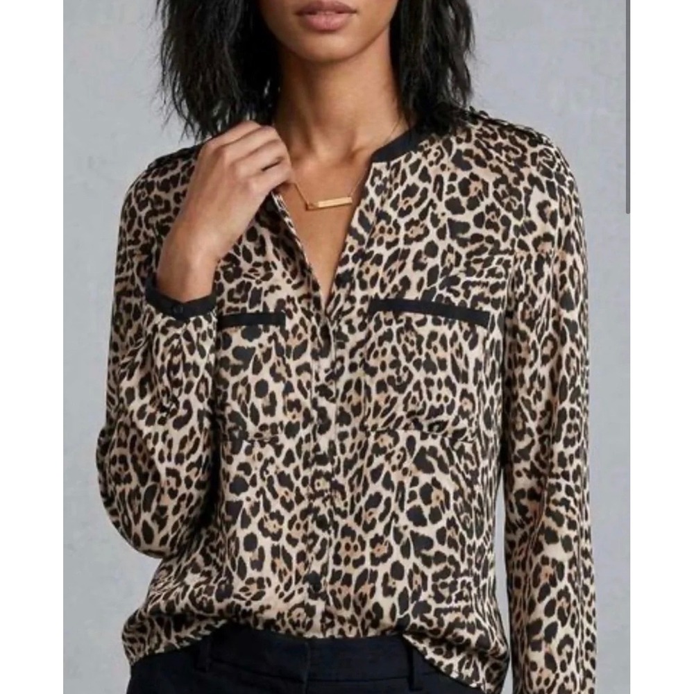Zara Leopard Print Button Down Blouse Tan Black XL Animal y2k boho Top shirt